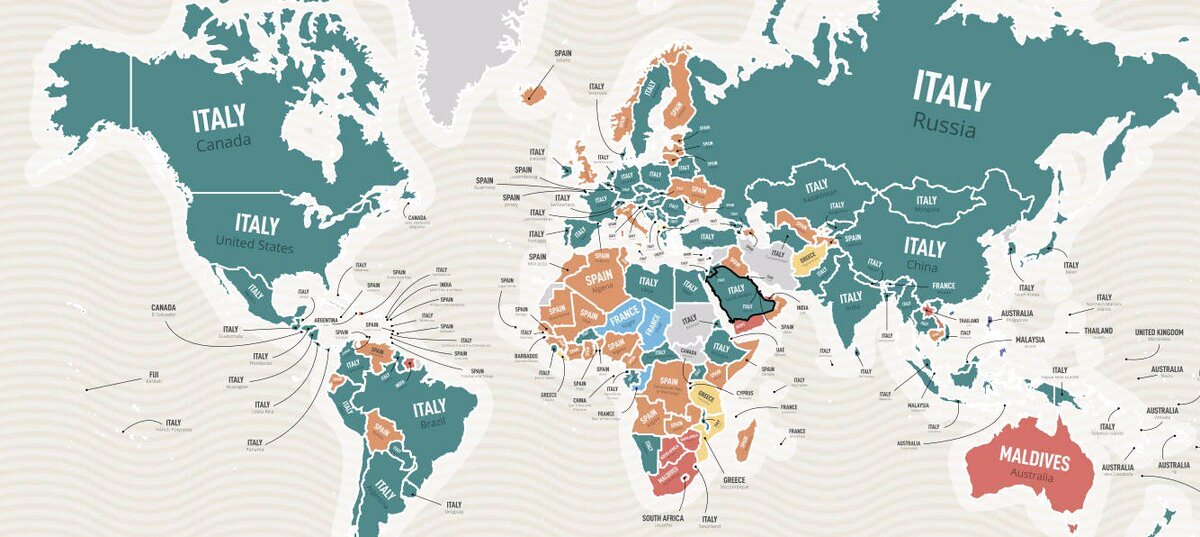 На этой карте показаны страны, которые чаще всего интересуют в поисковике Google жителей других стран. Хорошо видно, что Италия лидирует в списке запросов в США, Канаде, Бразилии, России и, увы, в Китае. 