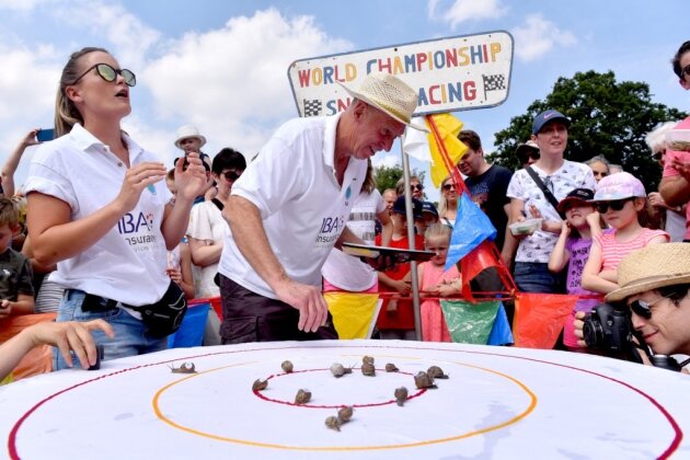 Улиточные дрессировщики и комментатор наблюдают за соревнованием