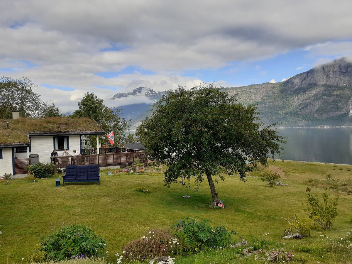 В Норвегии везде стриженые лужайки и горшочки с цветами у входной двери или у ворот. Фото автора.