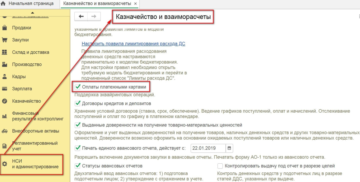 Рисунок 1 - Включение функционала по оплате платежными картами