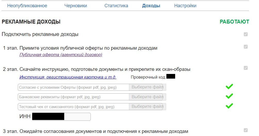 Так выглядит страница подключения монетизации.