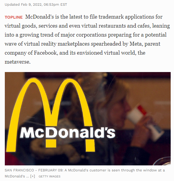 McDonald's Files Trademark For Metaverse-Based 'Virtual Restaurant'