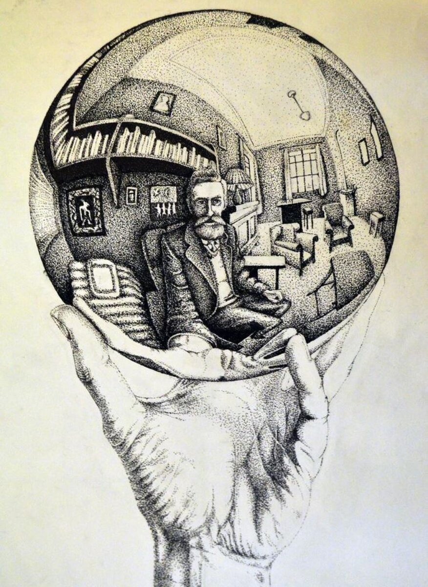Мауриц Корнелис Эшер - Рука с отражающим шаром. Автопортрет в сферическом зеркале. (из свободных источников сети Интернет)
