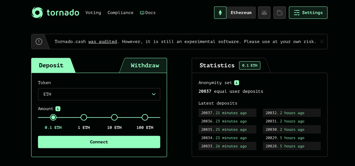 Интерфейс платформы Tornado Cash — одного из самых популярных криптомиксеров в мире