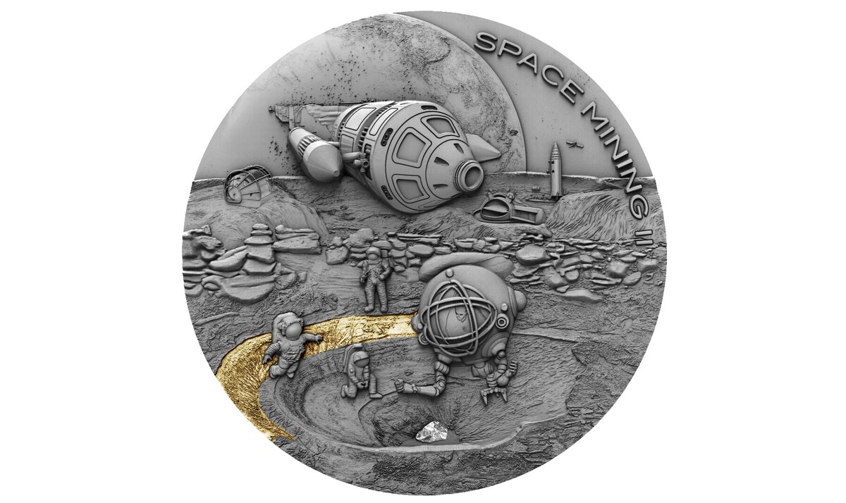 Реверс 1 доллара "Space mining II" острова Ниуэ, выпущенного в 2019 году, иллюстрирует космическую разработку полезных ископаемых в кратере Коперник на Луне. Здесь, как и на предыдущей монете, мы видим торжество человеческой мысли: аппараты с клешнями манипуляторов, космический поезд (или лифт?) и, конечно же, шахтёры будущего в своих скафандрах