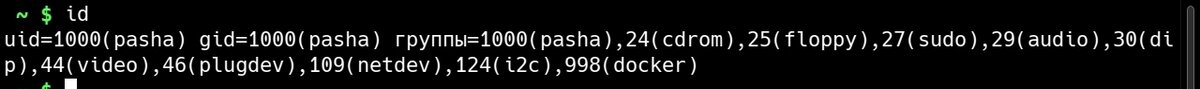 Вывод команды id должен содержать группу docker