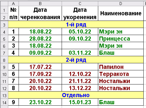 Таблица зимующих в квартире черенков роз по состоянию на 23 января