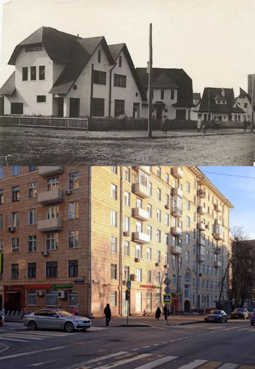 На чёрно-белом снимке 1932 года — дома авиационного завода № 1 имени Авиахима. Обе фотографии сделаны почти с одной точки с разницей 91 год