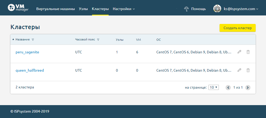 Из списка удобно переходить к настройке кластера или удалять его