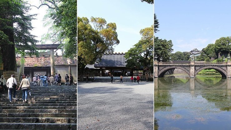 Храм Исэ (слева) где хранится священное зеркало, Храм Ацута (в центре), где хранится священный меч, Императорский дворец в Токио (справа) где хранится священный камень