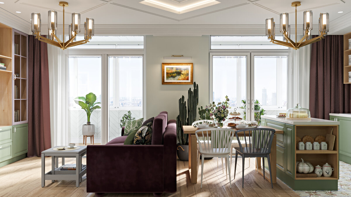 Эта совмещенная кухня-гостиная, наполненная дневным светом, с удобным расположением мебели и прекрасной возможностью отдыхать, проводить время с друзьями или семьей и творить кулинарные шедевры