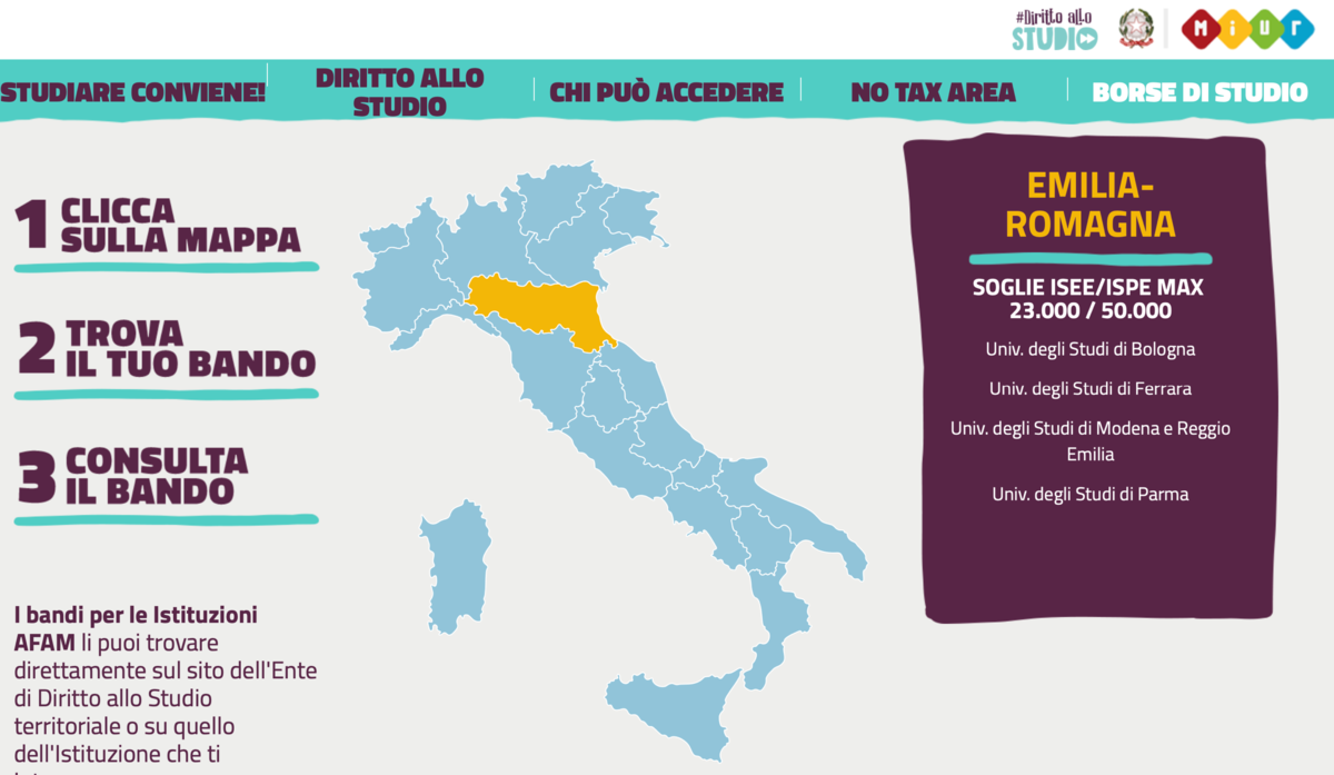 Я выбрала регион Эмилья-Романья, затем нажала на свой университет, первый в списке, Bologna uni