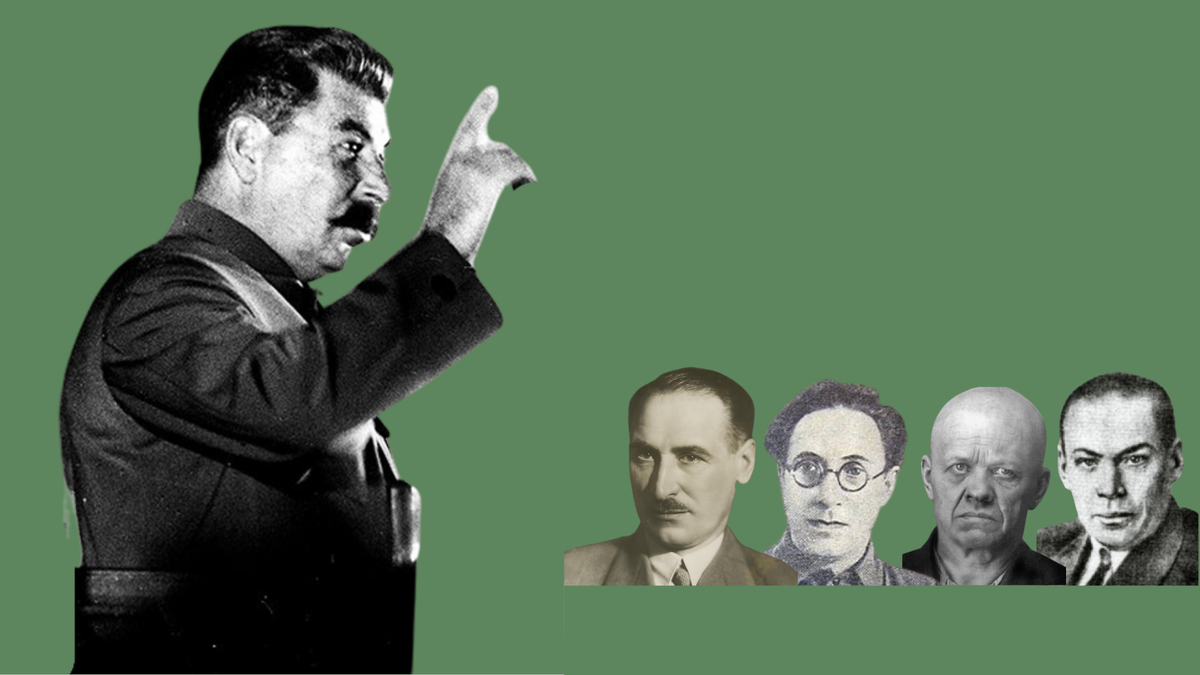 И.В. Сталин и партийные лидеры (слева направо) Р.И. Эйхе, Я.А. Попок, С.В. Косиор, И.Д. Кабаков.