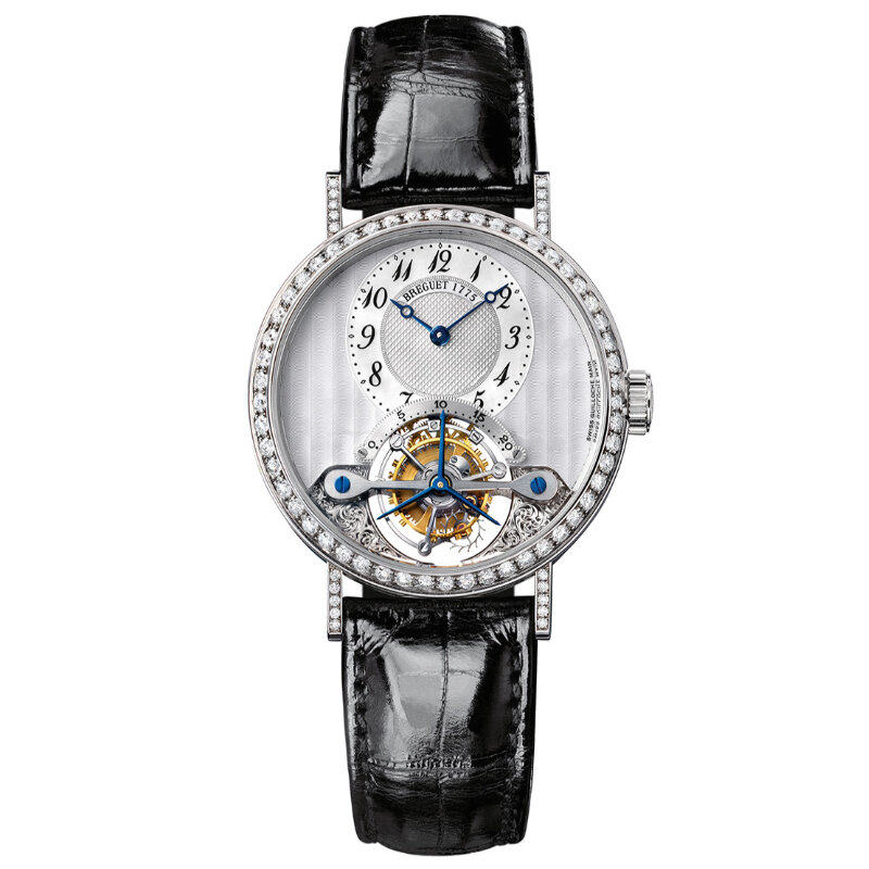 Часы Breguet Classique с 35 мм корпусом из белого золота с бриллиантами, эксцентром, турбийоном и дополнительным секундным циферблатом на его оси