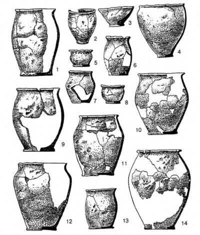 Лепная керамика черняховской культуры 1–3, 5, 6, 9 — Черепин; 4, 8, 10–12, 14 — Бовшев-2; 7 — Городница; 13 — Ракобуты. 
Источник: https://historylib.org/historybooks/V--V--Sedov_Slavyane--Istoriko-arkheologicheskoe-issledovanie/13