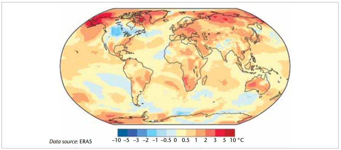 Аномалии  приземной температуры воздуха в 2019 г относительно норм 1981-2010 гг. Источник: European Centre for Medium-range Weather Forecasts (ECMWF) ERA5 data, Copernicus Climate Change Service