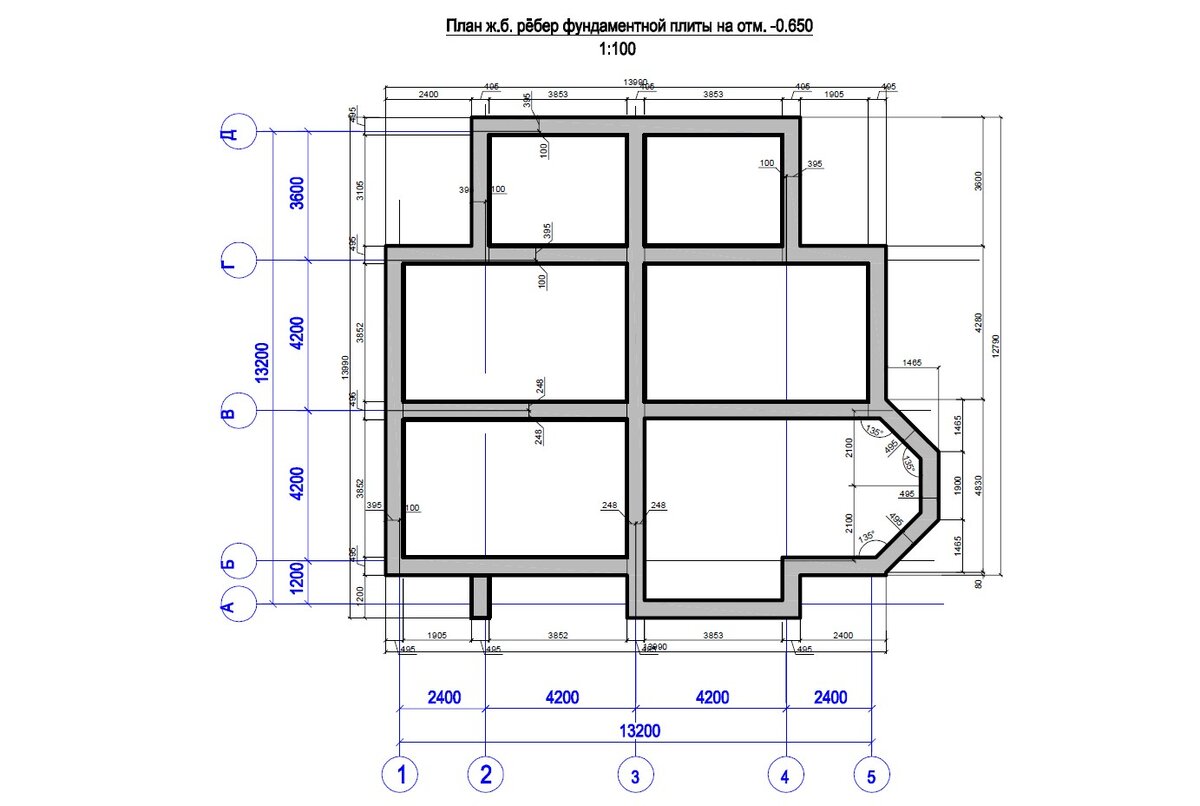 План железобетонных рёбер фундаментной плиты