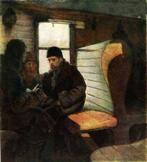 А.С. Никитин уговаривает РЖД остановить поезд в Подберезье (С.В.Иванов "Агитатор в вагоне".1886 г.)