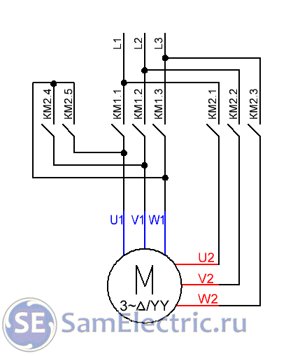 Схема включения двигателя на разных скоростях на контакторах
