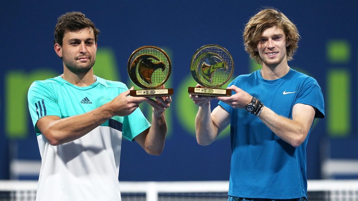 Courtesy photo. Andrey Rublev and Aslan Karatsev won the doubles in Doha, Qatar