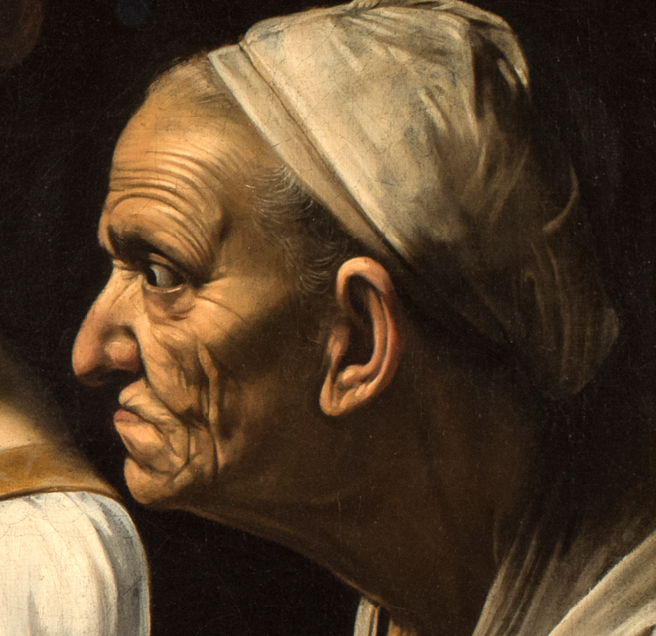 Увеличенный фрагмент картины Караваджо с портретом старушки Абры.