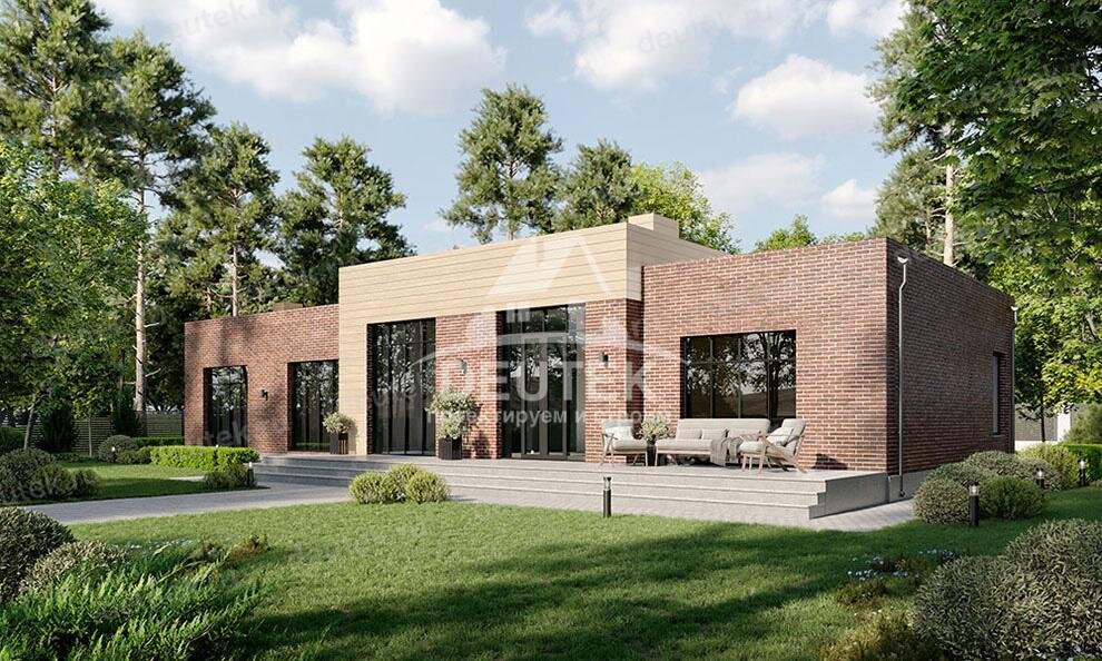 Проект узкого одноэтажного дома 169 м2 из керамобетона с террасой -  SRK-13