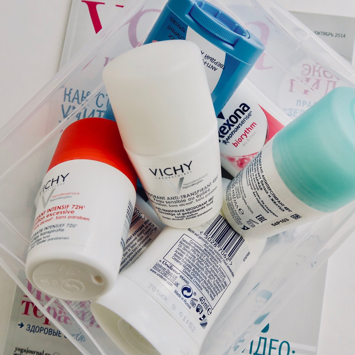 Моя коробочка с дезодорантами-антиперспирантами. Среди них есть как отличники, так и двоечники. Разбираемся.