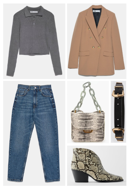 Свитер, джинсы, пиджак, ботильоны, ремень Zara. Сумка с цепью-ручкой Violeta by Mango.