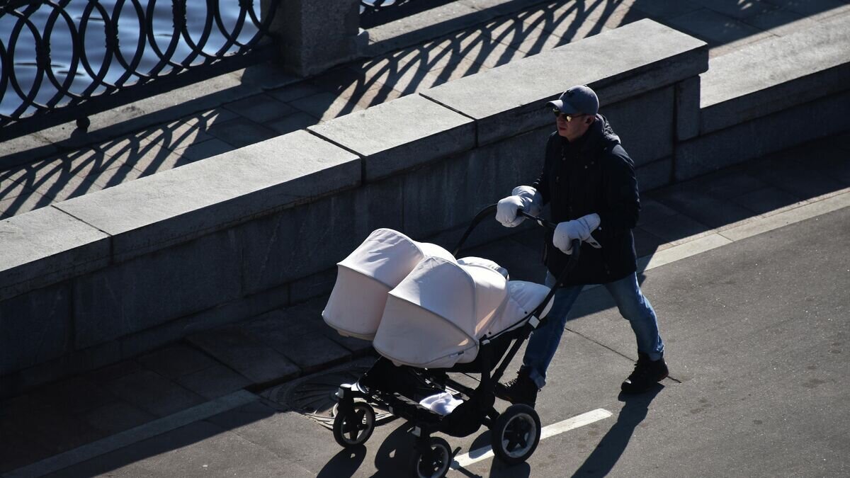    Мужчина с детской коляской идет по набережной© РИА Новости / Наталья Селиверстова