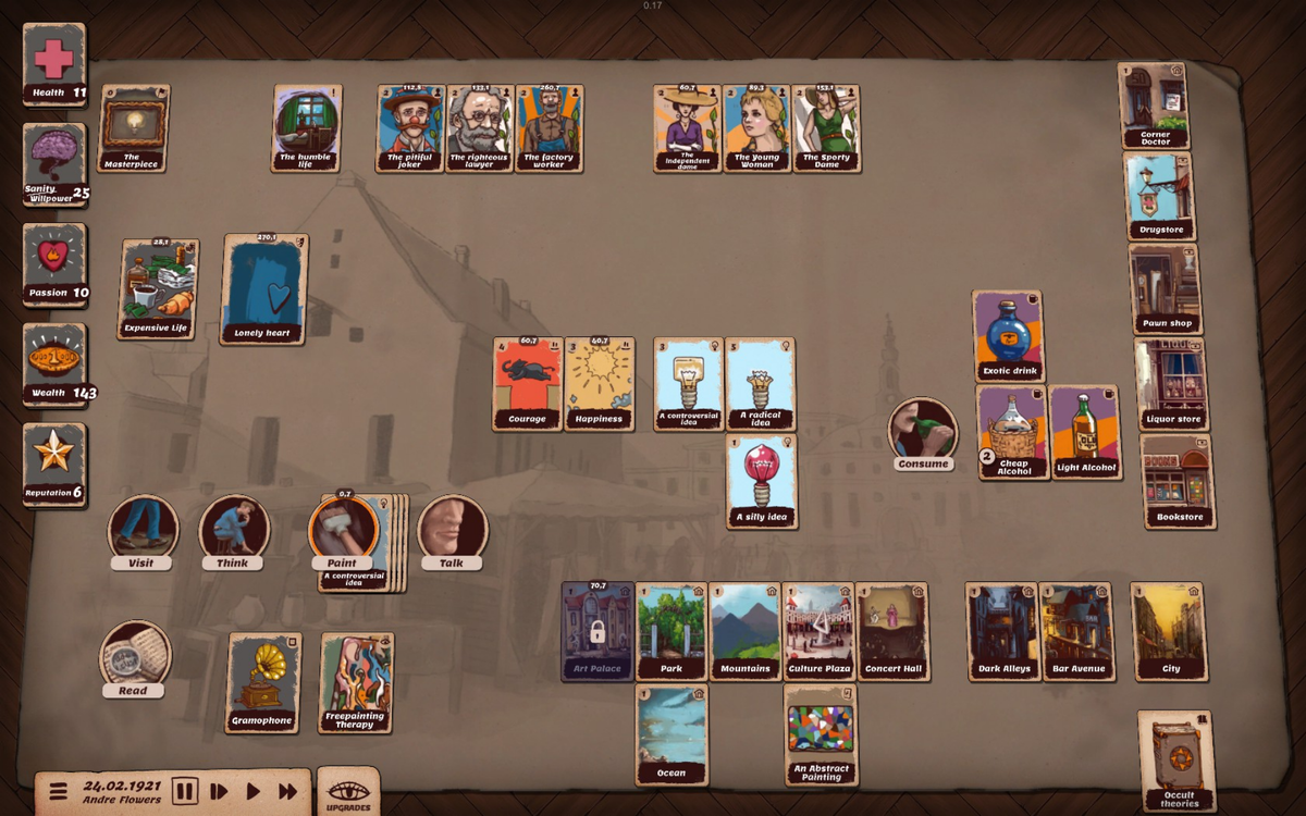 Примерно так выглядит партия ближе к завершению. Сейчас я понимаю, сколько здесь ненужных вещей, которыми не пришлось воспользоваться. Да, это относится и к алкоголю. Хотя, возможно, это лишь у меня – а кто-то создаст свою стратегию игры, этакую "школу пьяного мастера".