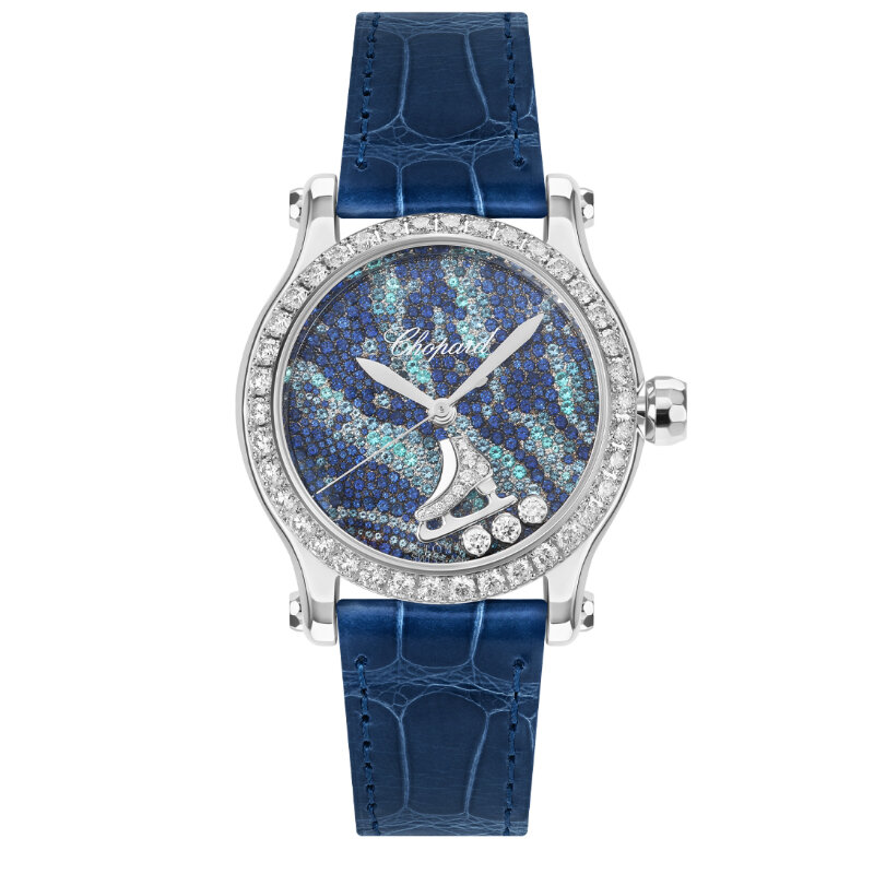 Лимитированные часы Chopard Happy Sport Tatiana Navka с 36 мм корпусом из белого золота с бриллиантами, топазами, турмалинами и сапфирами, плавающими бриллиантами и фигуркой