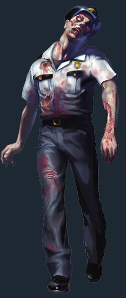 Zombie 
Опасность: Низкая/Ниже среднего (1.5;2/5)Информация
Подразделяются на два типа:
1) Обычные жители города, в результате воздействия вируса "Т" ставшие мутантами. Теперь они бродят по улицам и зданиям лишь с одной целью - убийства и поедания жертвы. 
2) Лабораторные зомби. Поскольку находились в непосредственной близости к очагу вируса, субъекты несколько более серьёзные, чем обычные жители города. Обладают большей силой атаки, двигаются несколько быстрее, нежели обычный тип. 
Виды атак:
1) Захват вблизи
2) Резкое падение и укус за ногу
3) Вывод кислот из организма (в простонародье - блевота).
