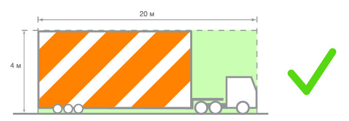 Данное положение свидетельствует что габариты транспортного средства должны укладываться в следующие величины: не более 20м по длине, не более 2,55м по ширине и 4м по высоте. Вес транспортного средства совместно с грузом не должна превышать 38 тонн.