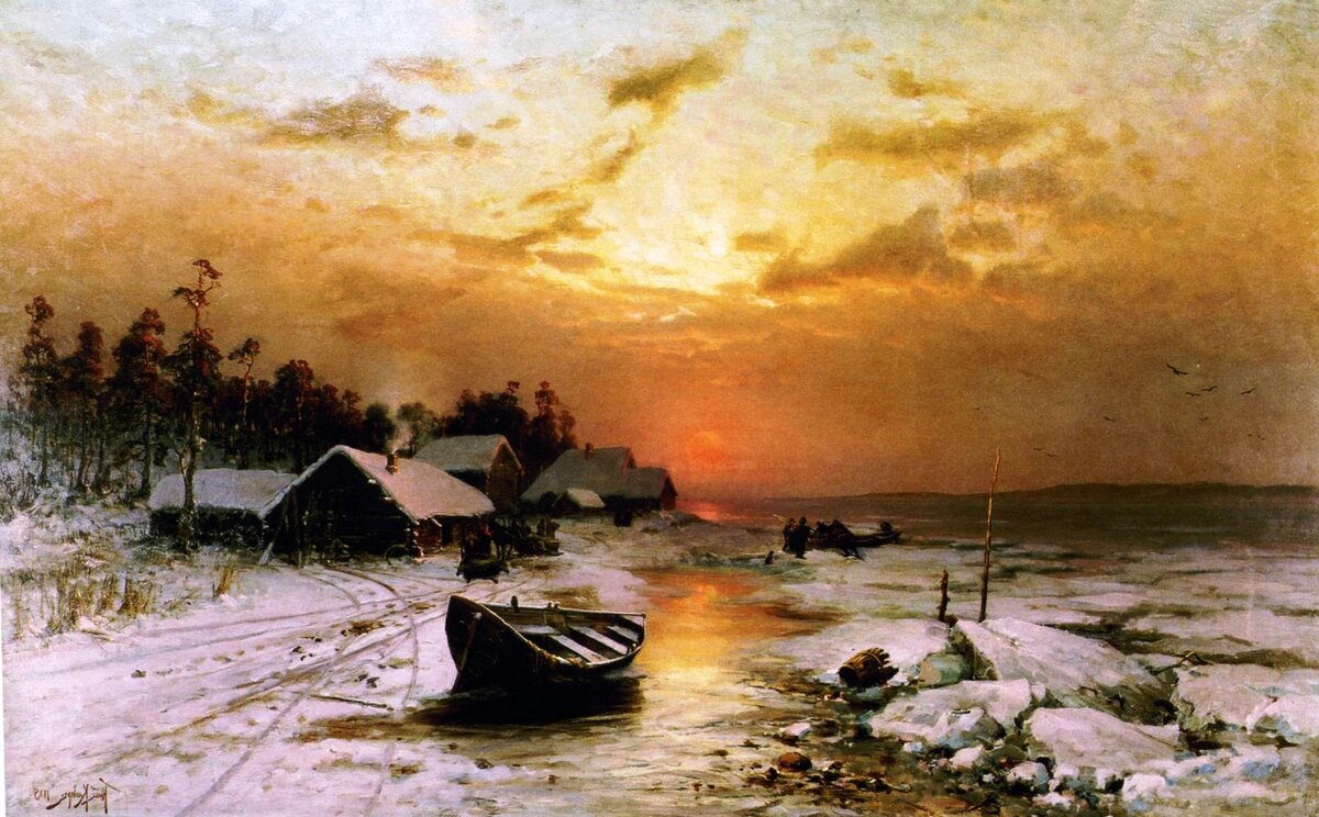 "Зимний закат. Рыбацкая деревушка", 1885, холст, масло, 97×160 
