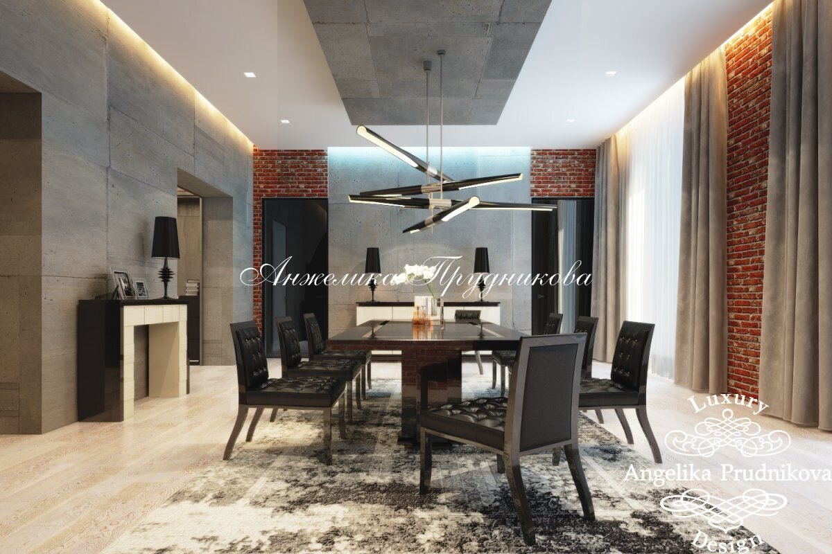 На фото: Гостиная-столовая с кирпичной кладкой в отделке
