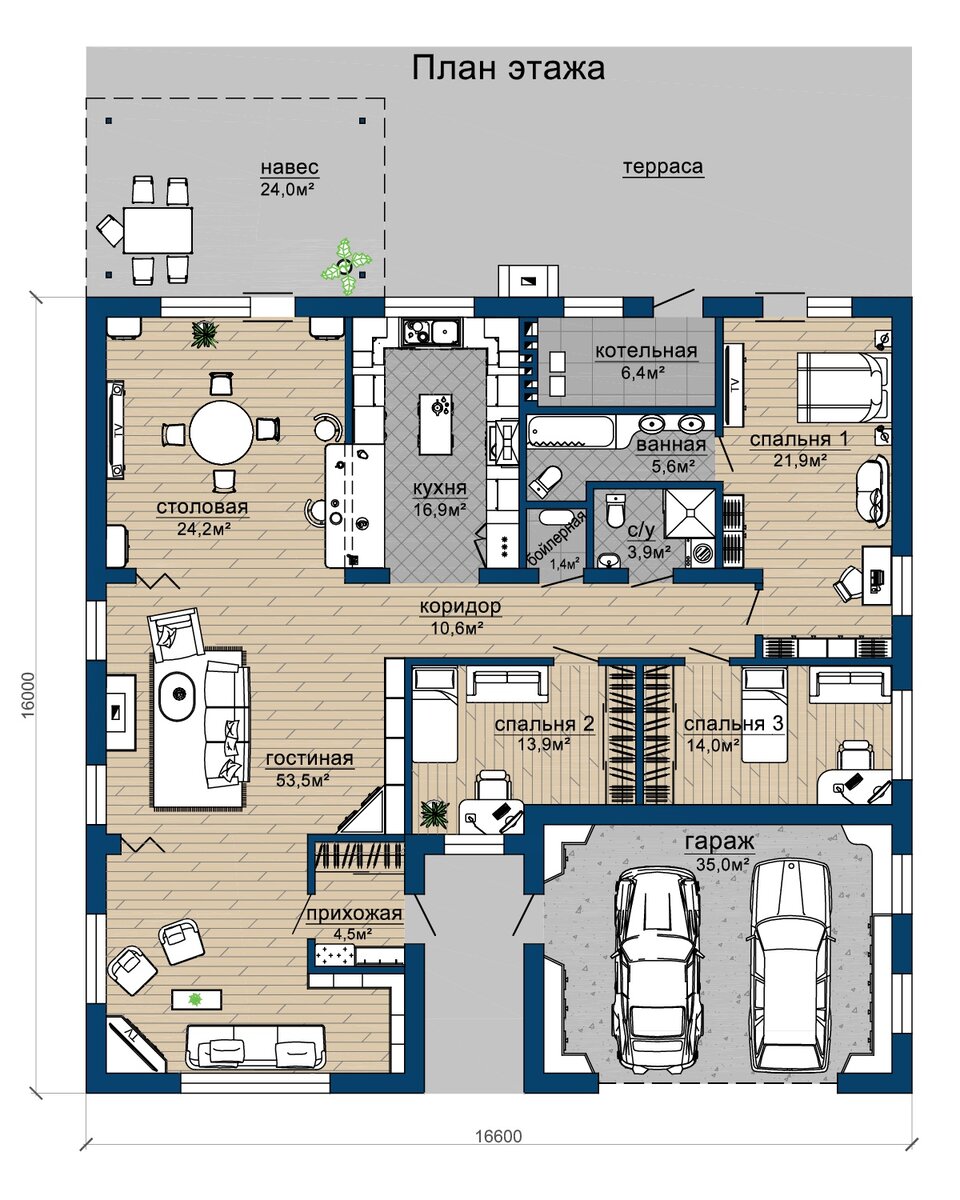 планировка одноэтажного дома с гаражом и 2 спальнями