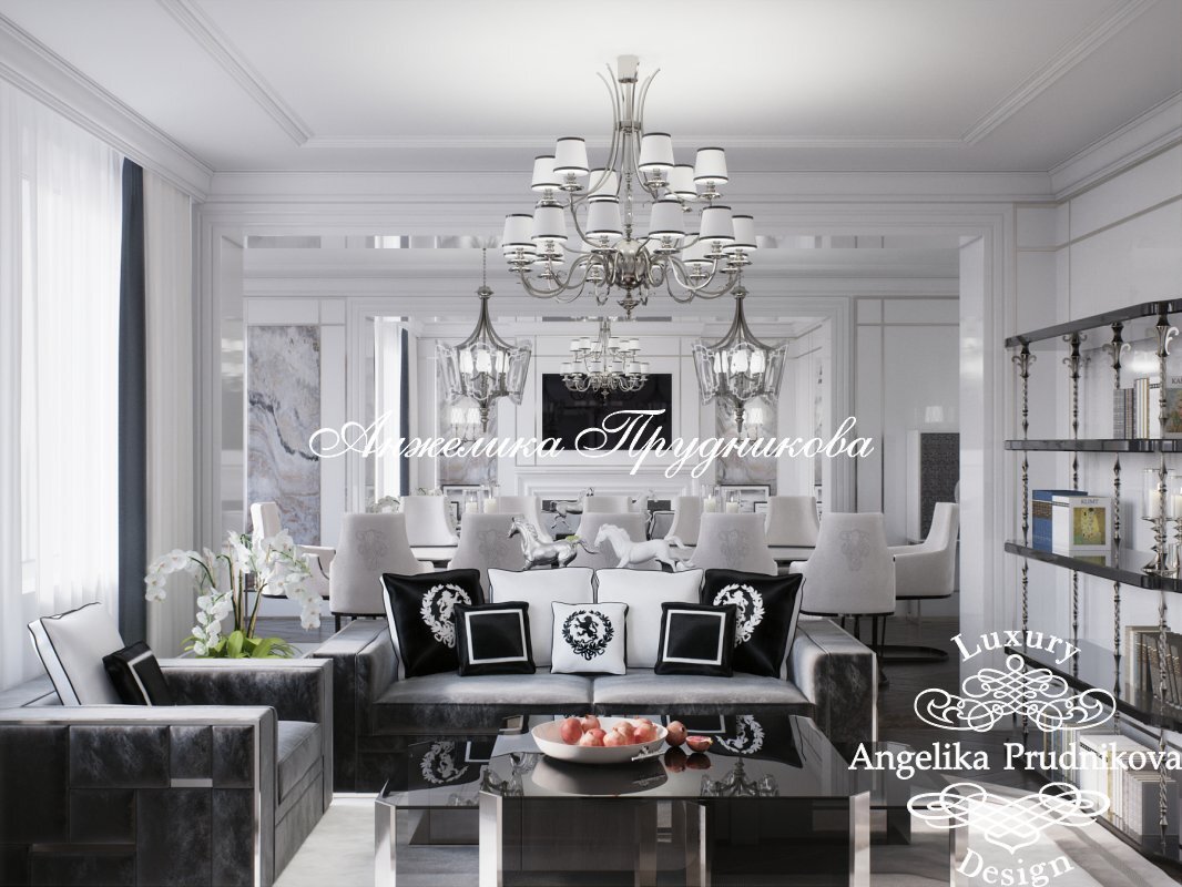 На фото: Гостиная-столовая c мраморными фактурами в КП «Агаларов Эстейт»