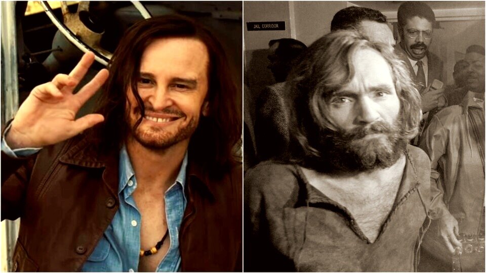 Мэнсон из "Однажды в Голливуде" слева и настоящий Мэнсон справа