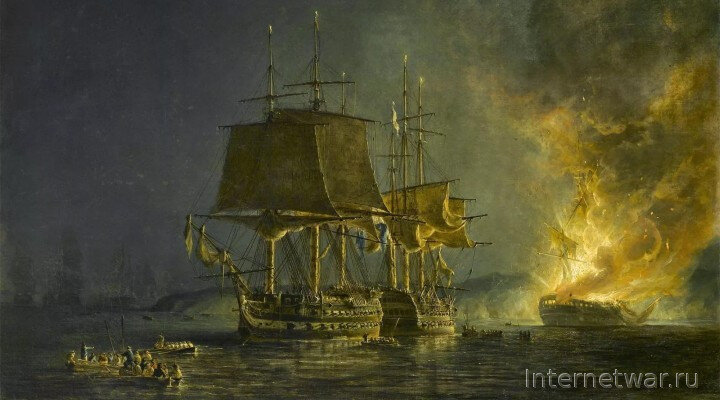 Николаус Покок. "Кентавр" и "Неумолимый" рядом с горящим "Всеволодом". Слева на заднем плане видна русская эскадра