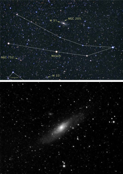 Туманность Андромеды (M31) можно рассмотреть в бинокль или небольшой телескоп.