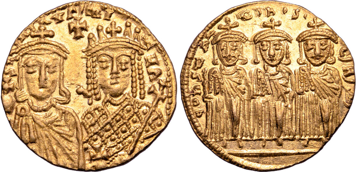 Ирина, Лев и Константин на византийских монетах. Источник: https://www.numisbids.com/sales/hosted/roma/017/image00844.jpg