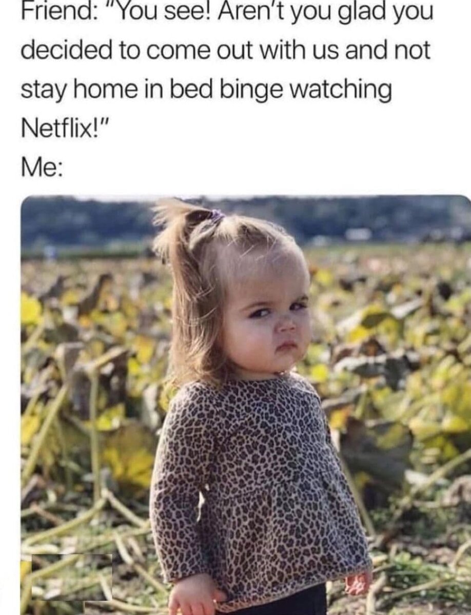 Friend: «You see! Aren't you glad you decided to come out with us and not stay home in bed binge watching Netflix!» 
Me:

(Друг: «Видишь! Разве ты не рада, что решила пойти с нами и не сидеть дома, в постели, запойно смотря Netflix!»

Я:)