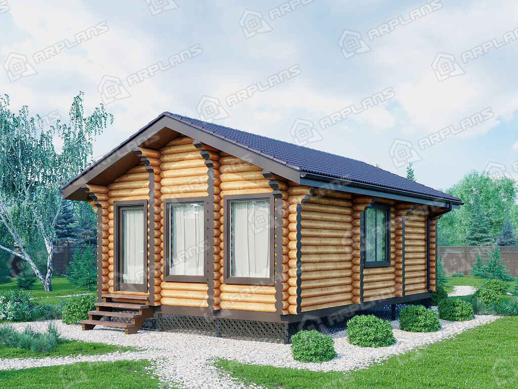 Фото 1 одноэтажной деревянной бани из бревна с комнатой отдыха и верандой. Общая площадь 39 кв м. Источник arplans.ru Проект Б-069