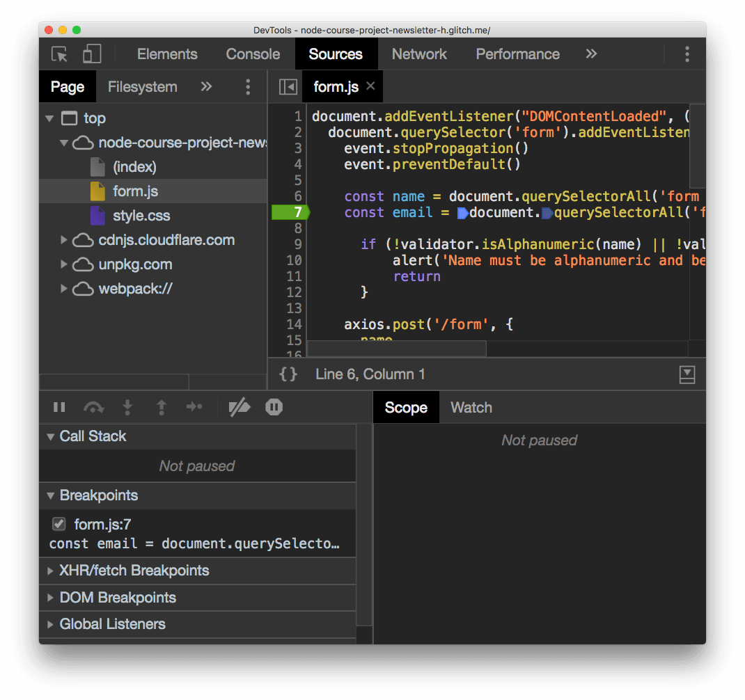 Js debug. JAVASCRIPT code Style. Добавить точку останова.