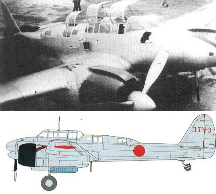 3-ий прототип 13-Shi. 1941 год. Строго говоря, на этапе прототипов, самолета с названием J1N1 не было в природе. Фото, на самом деле, очень полезное, показывающее выхлопной патрубок, а вернее кожух над выхлопным патрубком. На "боковичке" это уже не кожух над патрубком, а сам патрубок. "Фуджими" в инструкции на модель "Гекко" в 1/72 предлагает именно такое исполнение.  Делать модели "тупо по инструкции" - зло.