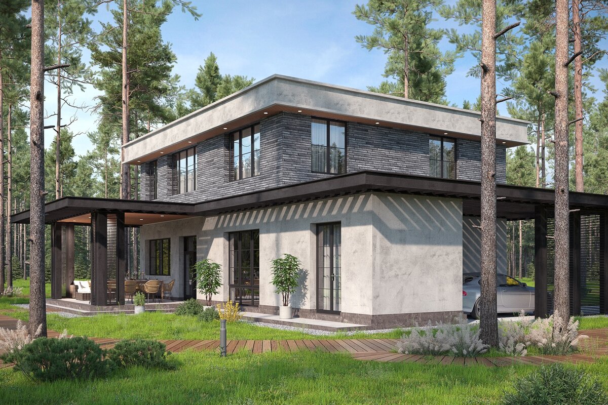 Для отделки дома выбран ригельный кирпич ручной формовки и штукатурка под бетон.