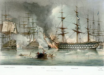 200 лет - 1823, 8 августа (20 августа) по старому стилю: В Санкт-Петербурге на верфи Главного адмиралтейства заложен 84-пушечный парусный линейный корабль Балтийского флота «Гангут».  На рис.: Корабль «Гангут» в Наваринском сражении.