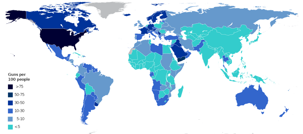 Карта количества оружия на 100 человек по странам мира
