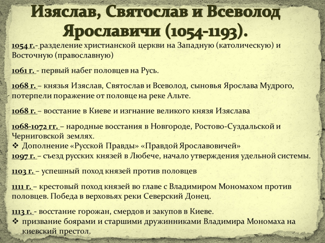 Триумвират Ярославичей основные события. Триумвират Ярославичей годы.