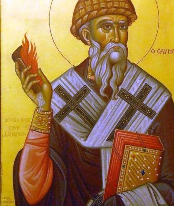 Святитель Спиридон Тримифунтский и чудо с кирпичом. Фрагмент иконы